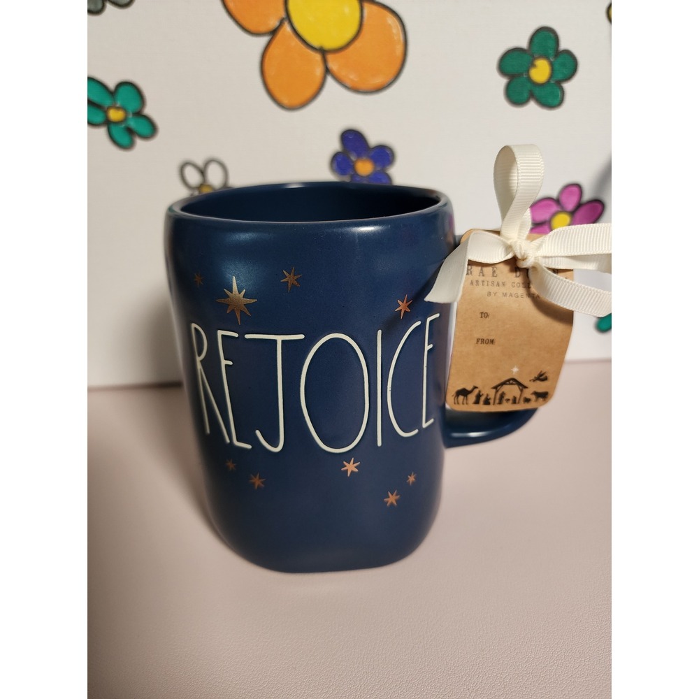 Rae Dunn REJOICE Navy Blue Gold Star Christmas Mug Nativity NWT Artisan